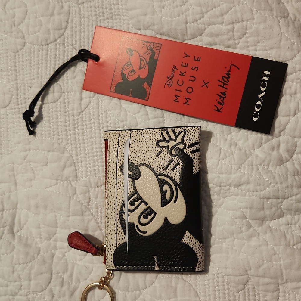 NWT Disney Coach ID case card wallet with zippered coin pouch and keyring Mickey
